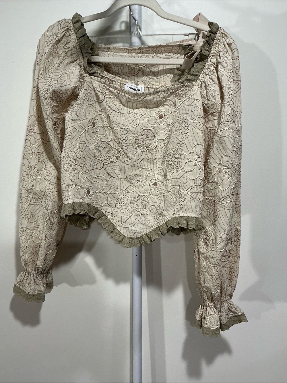 Rareraw Cream Floral Embroidered Short Set with Olive Trim